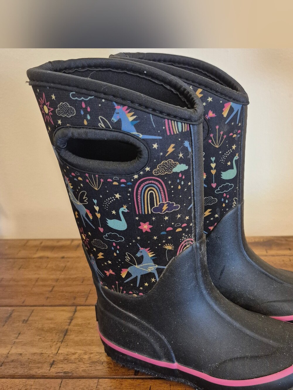 Lone Cone Kids' Black Rain Boots with Colorful Unicorn & Rainbow Print 12